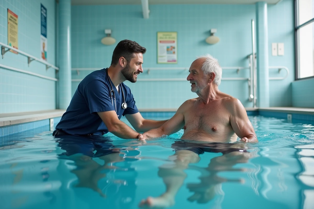 Séance de rééducation aquatique en cure thermale neurologique avec kinésithérapeute et patient dans un centre thermal français