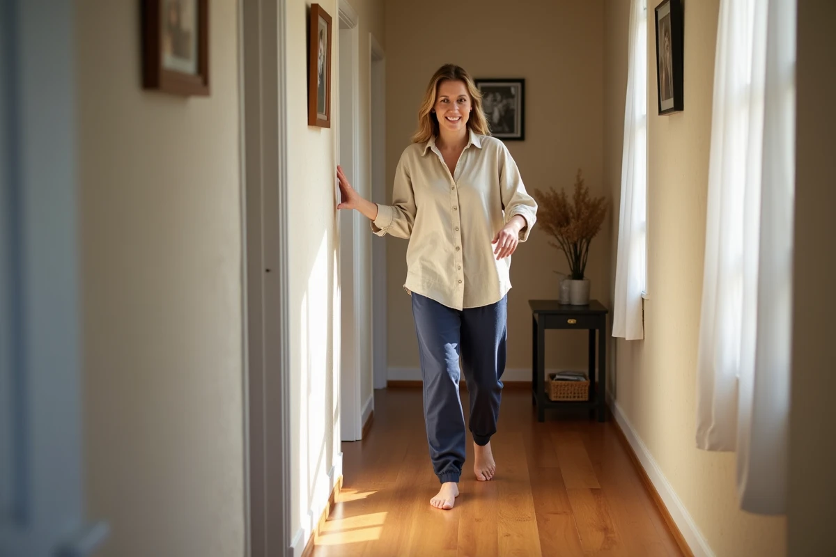 Femme effectuant ses premiers pas en convalescence dans un couloir de maison après une ablation de trompe, illustrant la reprise progressive de la mobilité
