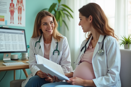 Sage-femme et femme enceinte discutent dans une clinique