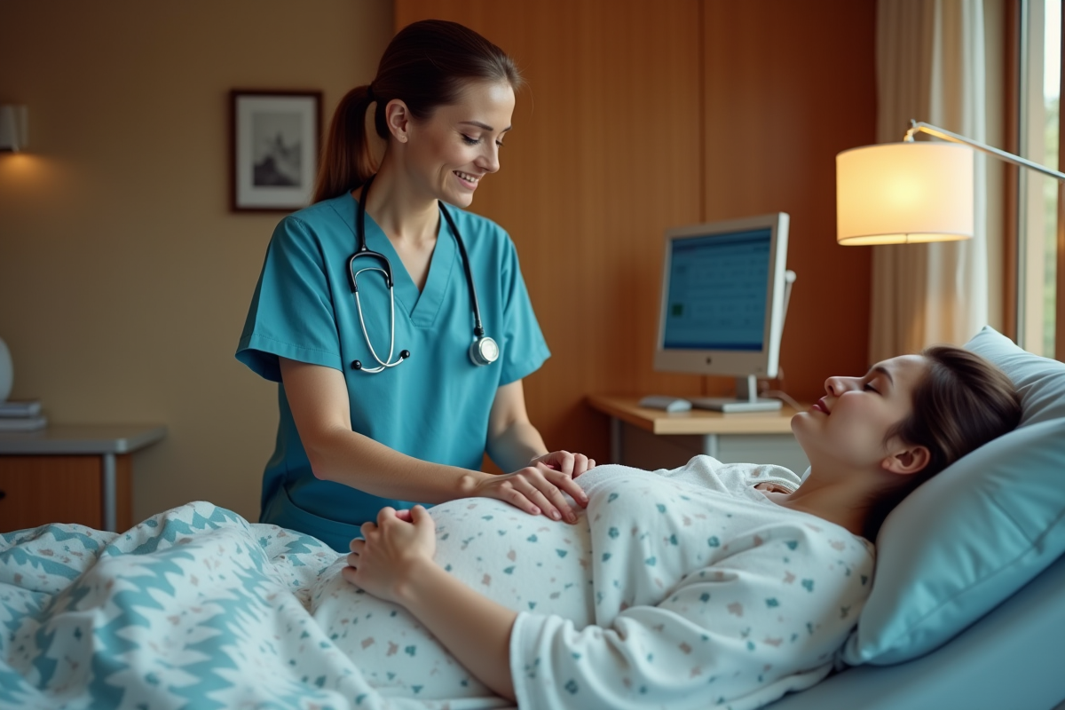 Sage-femme surveillant une mère enceinte dans une salle de naissance