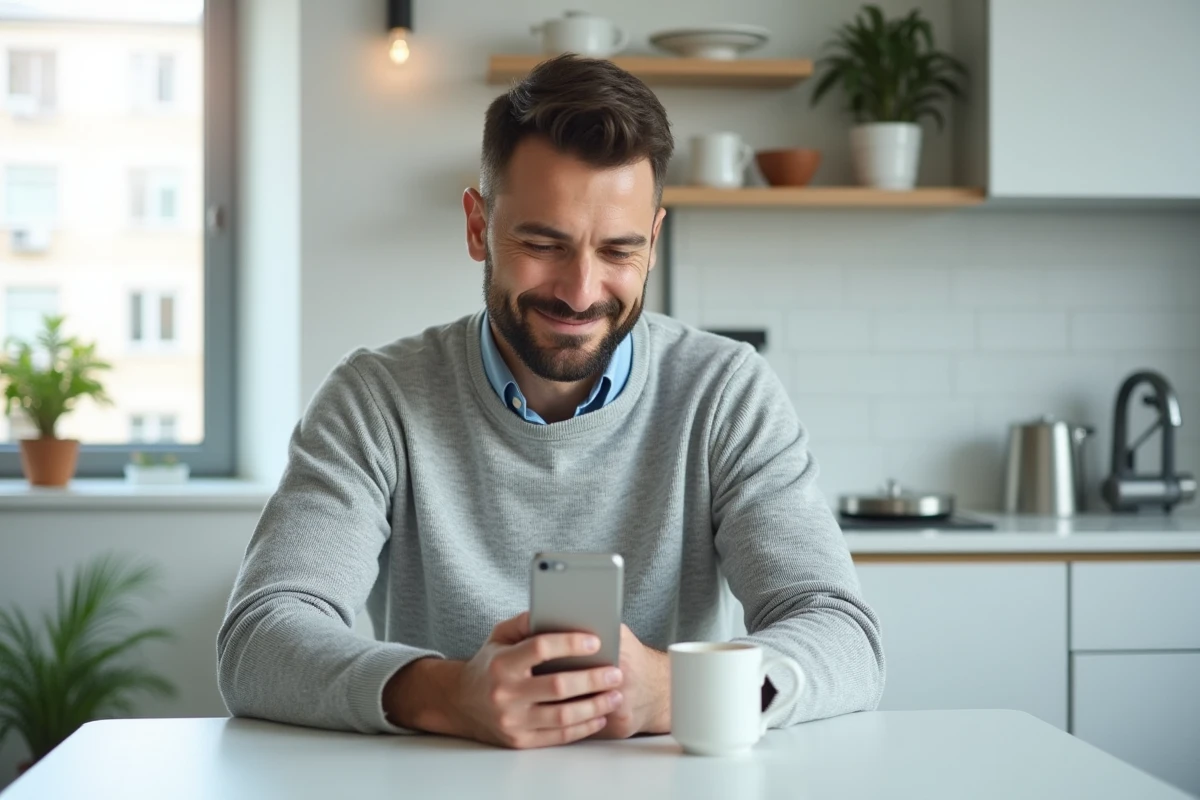 Salarié consultant son application de mutuelle santé sur smartphone pendant une pause au bureau