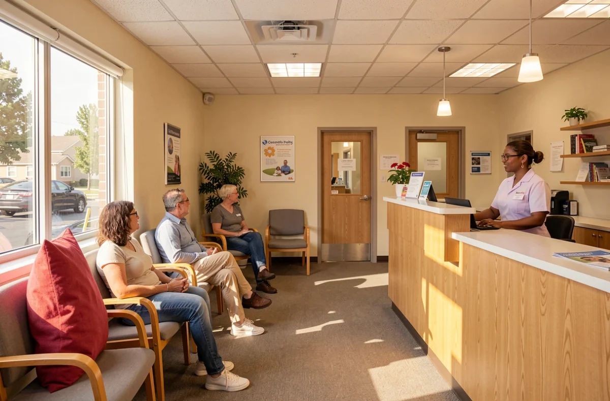Salle d'attente d'un centre de santé avec une infirmière