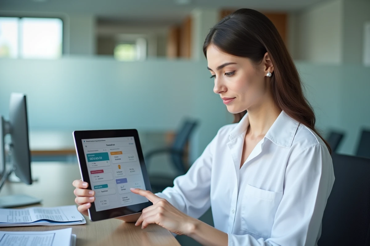 Secrétaire médicale gérant les rendez-vous patients sur une tablette avec un logiciel de gestion de cabinet