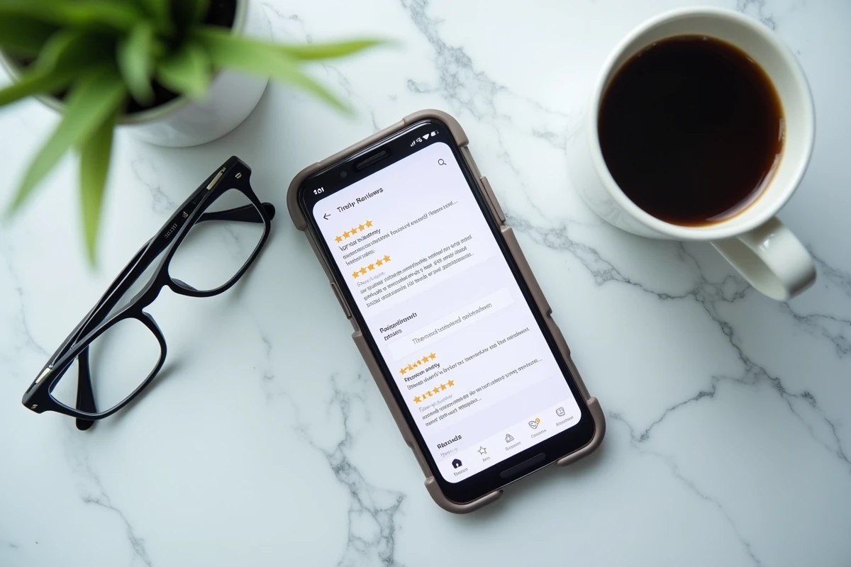 Vue rapprochée d'un smartphone affichant des avis en ligne sur un service dentaire posé sur un plan de travail en marbre