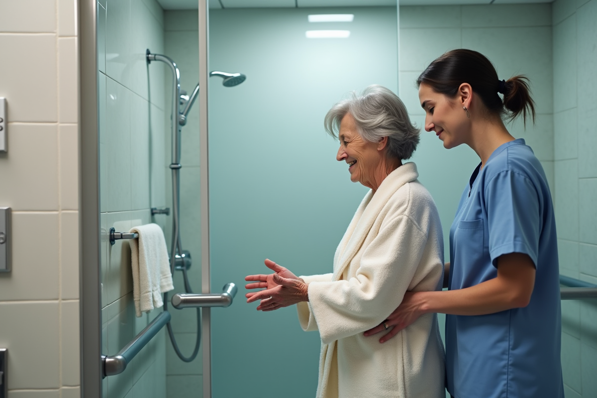 Femme agee en bain avec aide soignante en milieu serein