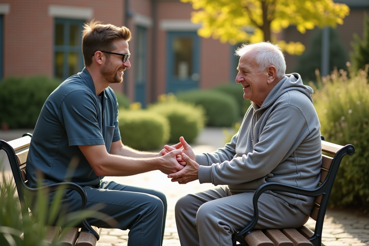 Homme age assis lavant ses mains dans cour calme