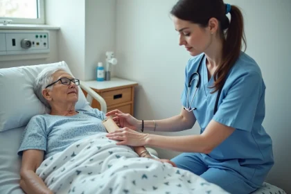 Infirmière appliquant un pansement sacral à une patiente âgée