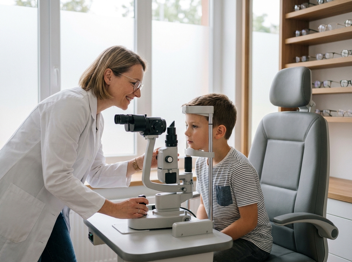 Opticien spécialiste de la vue examinant les yeux d'un enfant dans un cabinet moderne à Entraigues