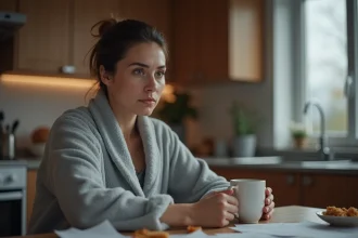 Femme fatiguée le matin tenant une tasse de café, illustrant les effets du stress chronique et du manque de sommeil sur la santé