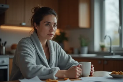 Femme fatiguée le matin tenant une tasse de café, illustrant les effets du stress chronique et du manque de sommeil sur la santé