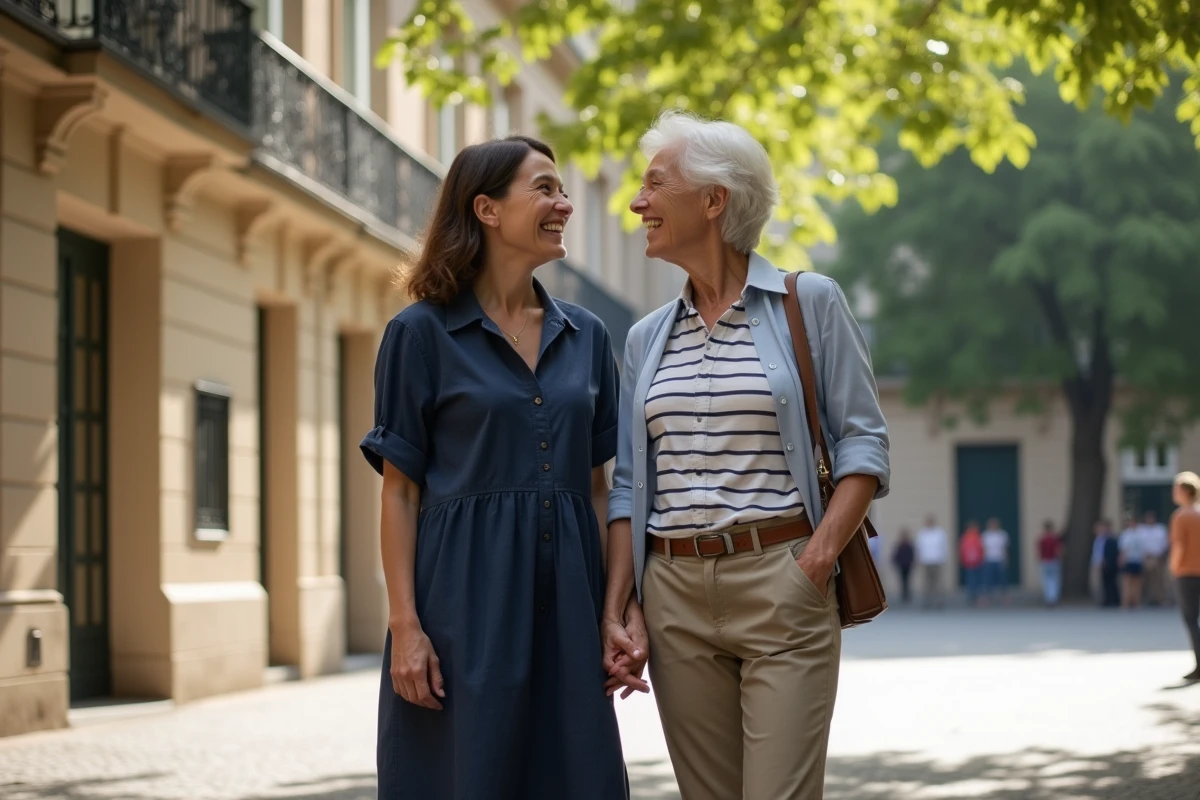 Deux femmes françaises d'âges différents debout dans une place urbaine ensoleillée, représentant la diversité de la taille féminine en France