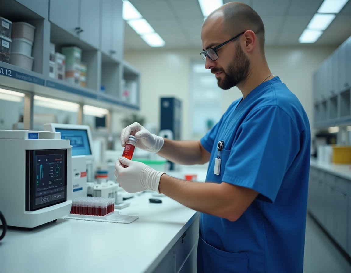Technicien de laboratoire médical manipulant un tube de sérum sanguin pour analyser le taux de ferritine