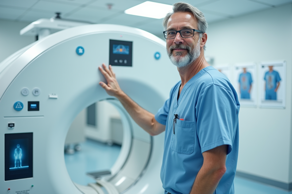 Technologue en radiologie ajuste un scanner CT en salle