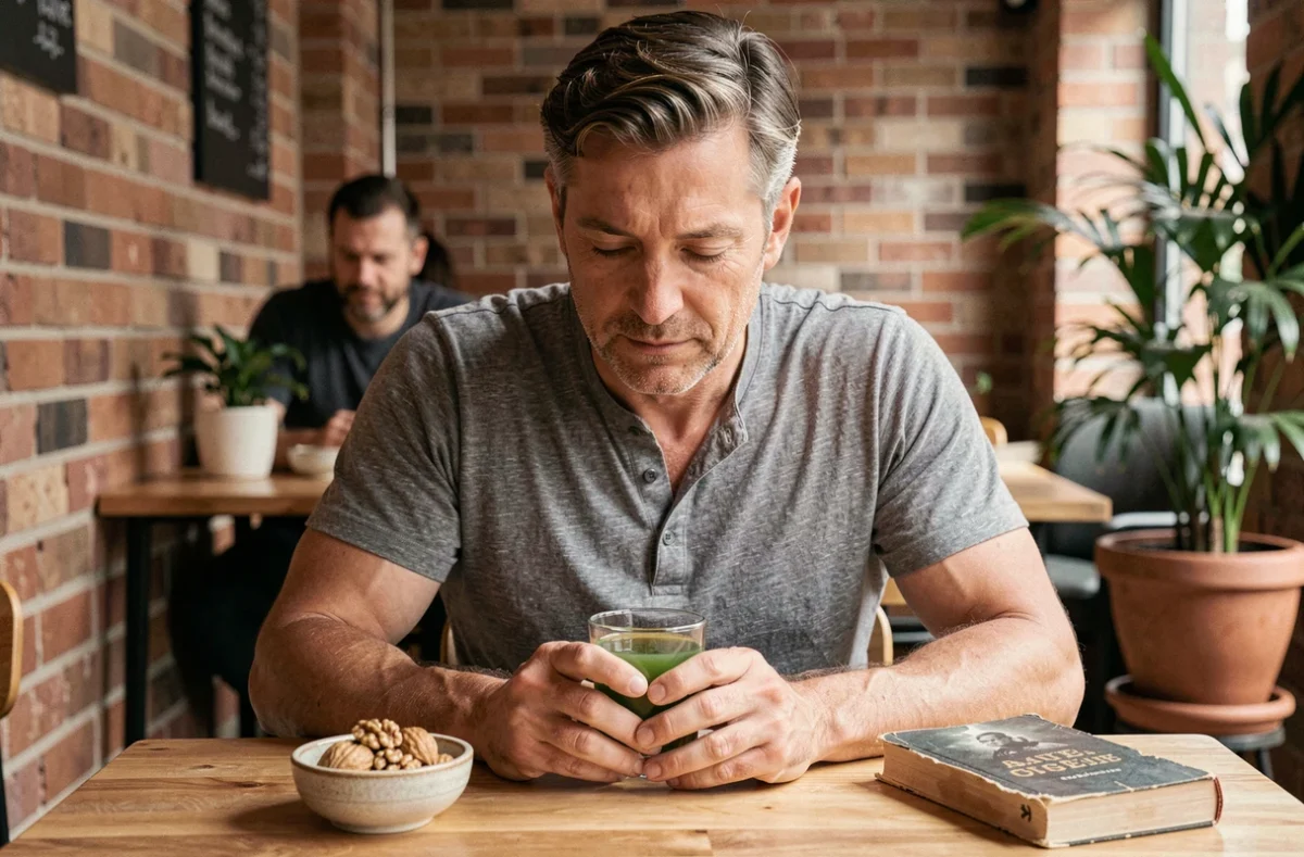Homme buvant du thé vert dans un café, illustrant les habitudes alimentaires pour soulager le foie et abaisser le taux de GGT
