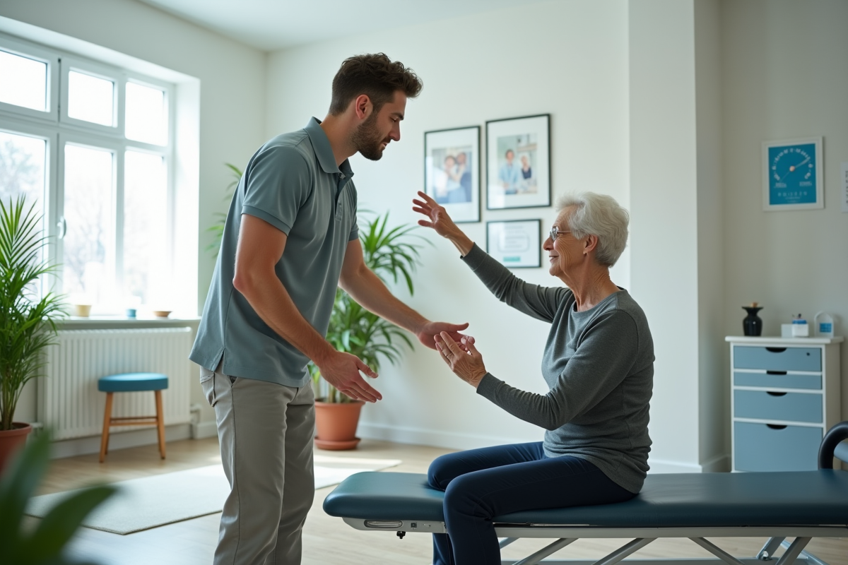 Physiothérapeute montrant un exercice à une femme âgée