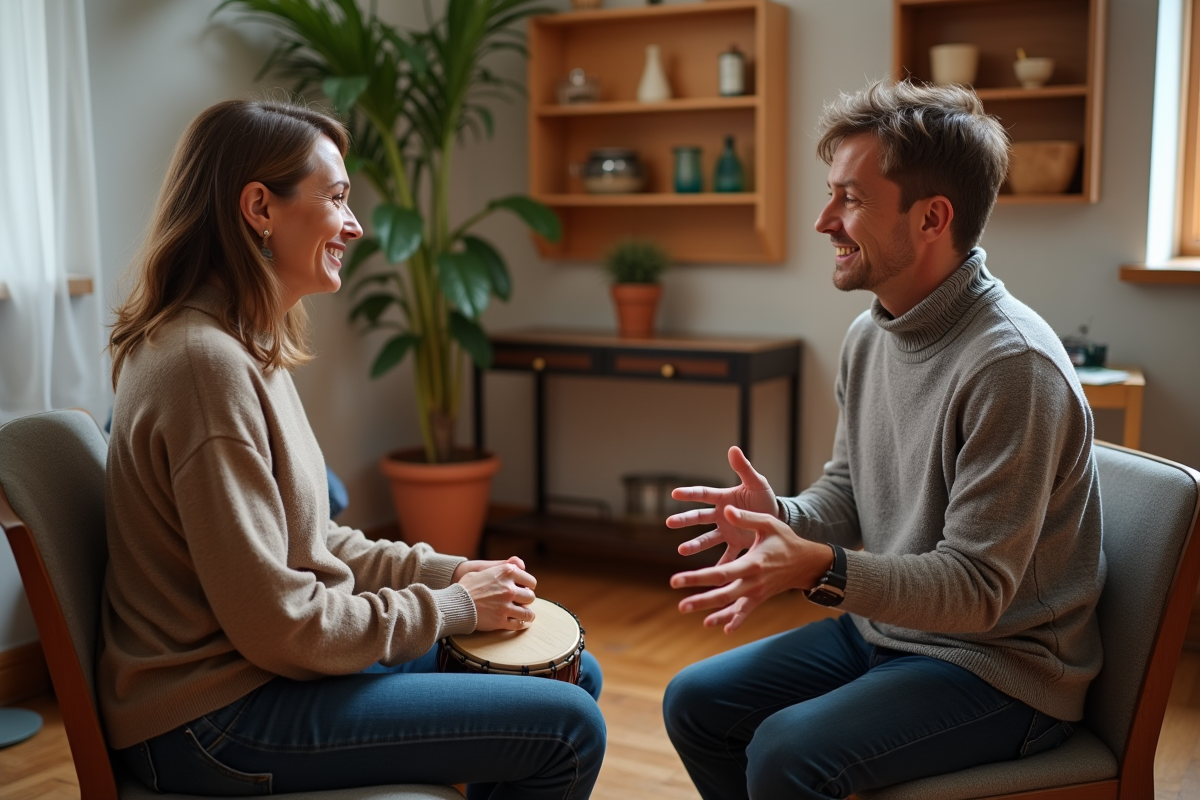 Femme et musicothérapeute en séance de thérapie musicale