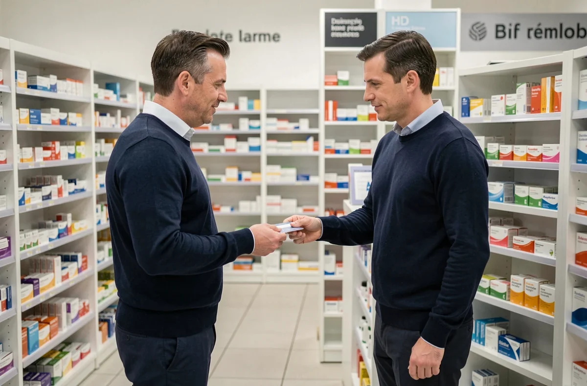 Homme présentant sa carte de mutuelle Korelio à un pharmacien pour bénéficier du tiers payant