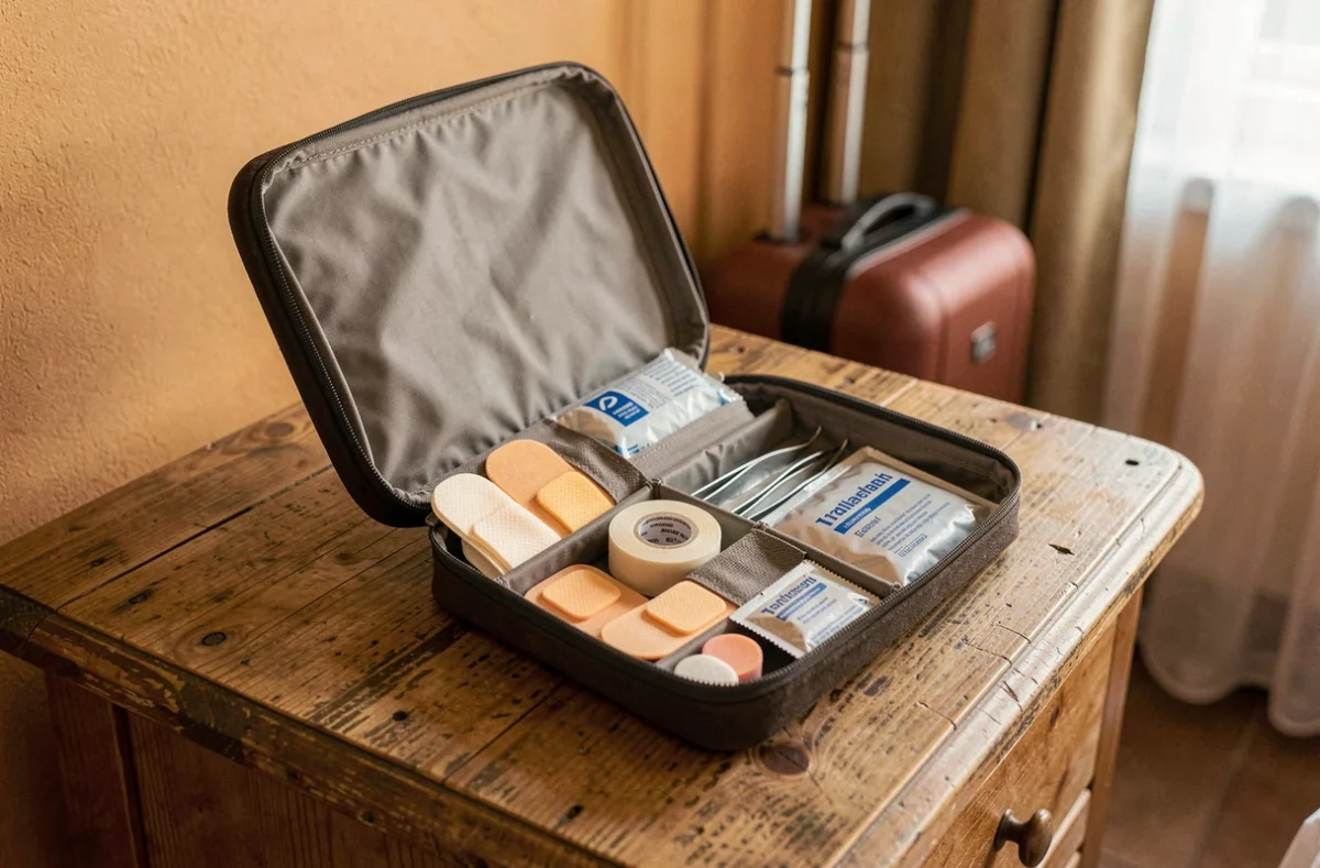 Trousse de secours de voyage ouverte avec pansements et matériel de premiers soins pour les vacances