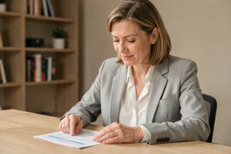 Femme consultant un document de mutuelle santé à son bureau pour vérifier sa couverture tiers payant Korelio