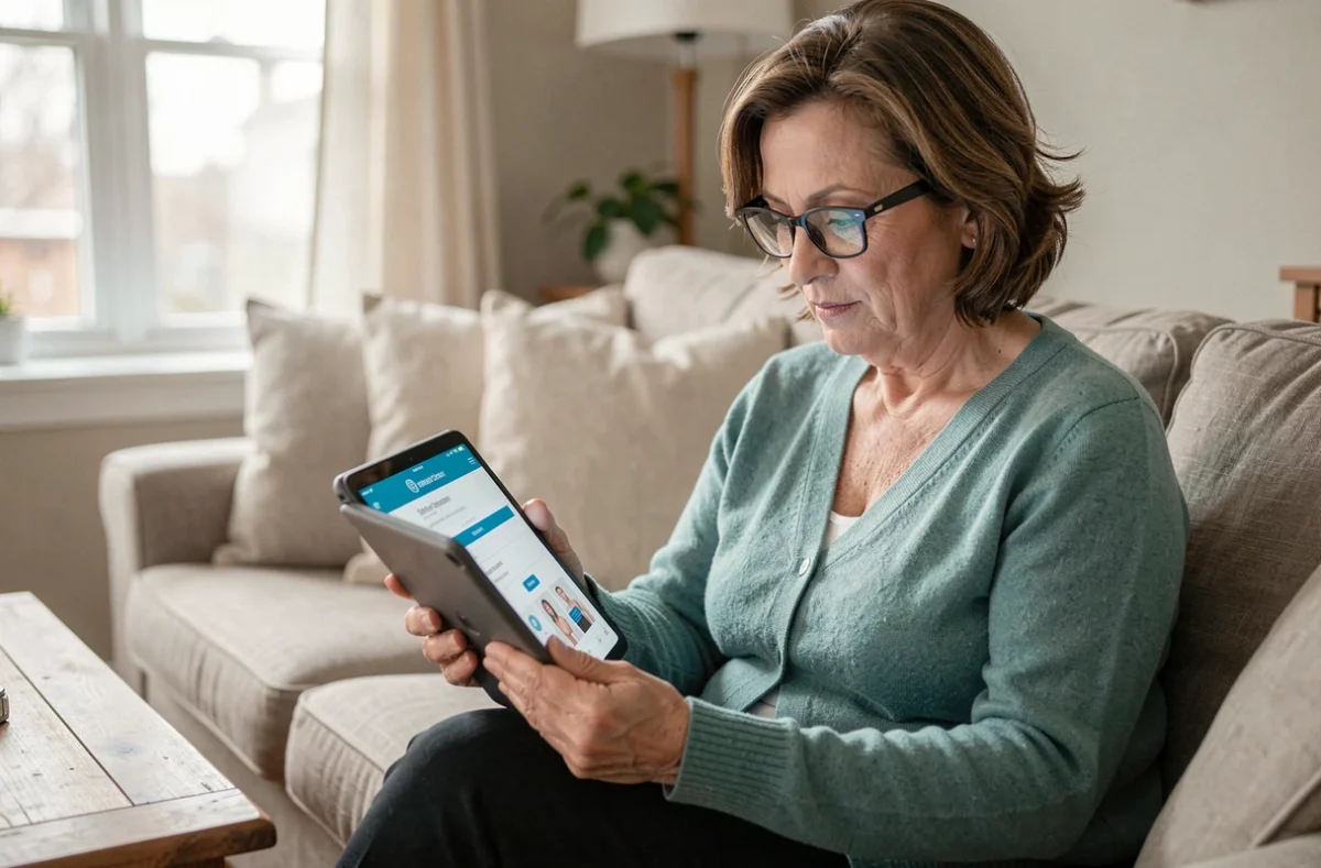 Femme vérifiant ses droits de remboursement et couverture mutuelle Korelio sur une tablette depuis son domicile