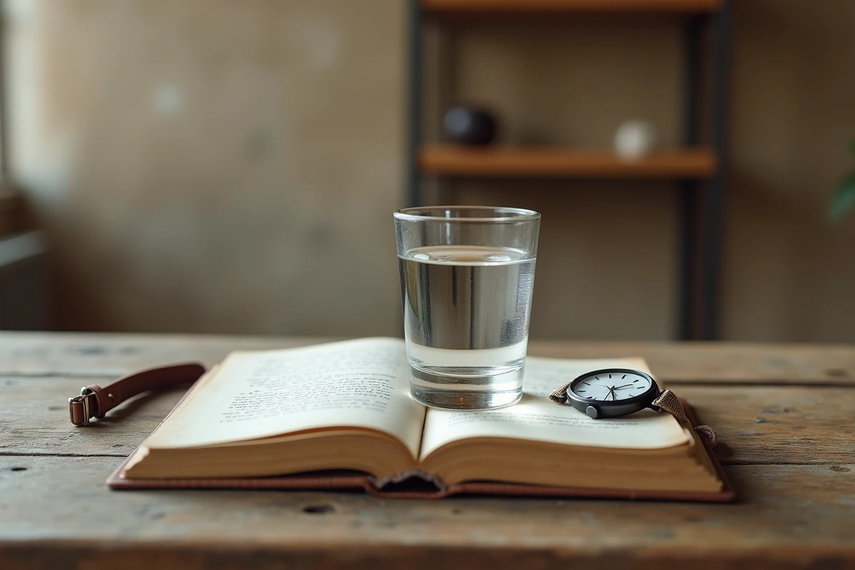 Verre d'eau, carnet et montre sur une table en bois illustrant la durée d'un jeûne hydrique