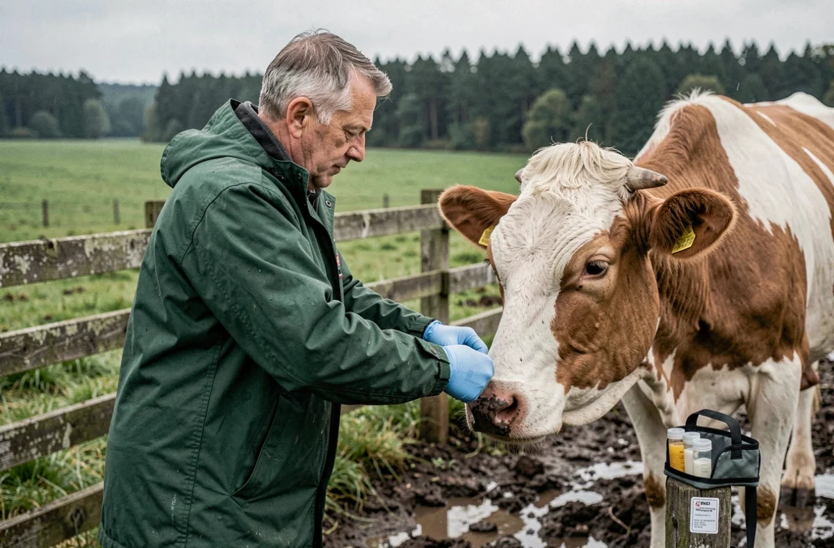 Vétérinaire prélevant un échantillon de lait sur une vache laitière dans une ferme pour analyse du contrôle laitier